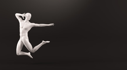 Fototapeta na wymiar Abstract white plastic human body mannequin over black background. Action jumping pose. 3D rendering illustration