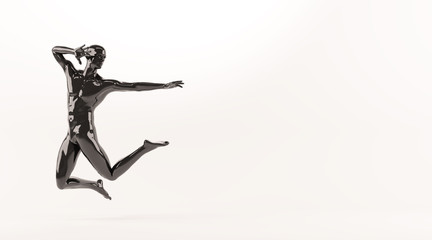 Abstract black plastic human body mannequin over white background. Action jumping pose. 3D rendering illustration