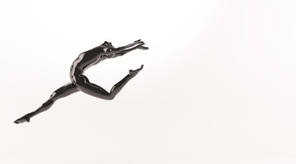 Abstract black plastic human body mannequin over white background. Action running and jumping ballet pose. 3D rendering illustration