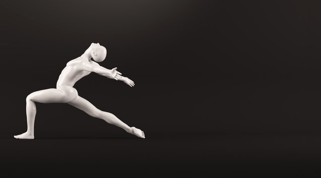 Abstract white plastic human body mannequin over black background. Action dance ballet pose. 3D rendering illustration