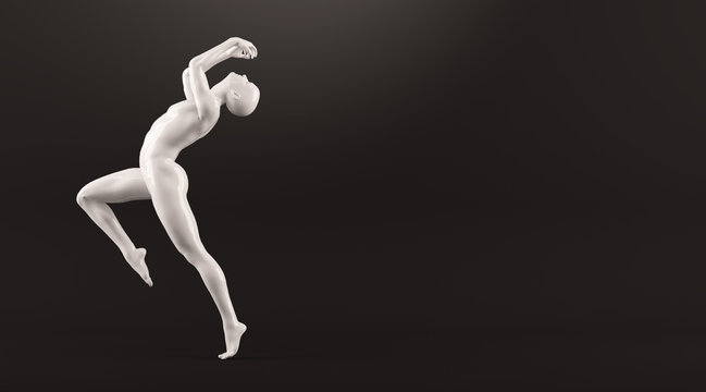 Abstract white plastic human body mannequin over black background. Action running and jumping pose. 3D rendering illustration