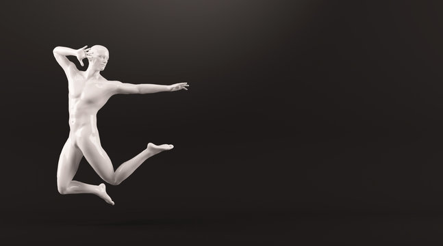 Abstract white plastic human body mannequin over black background. Action jumping pose. 3D rendering illustration
