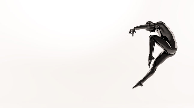 Abstract black plastic human body mannequin over white background. Action dance jump ballet pose. 3D rendering illustration