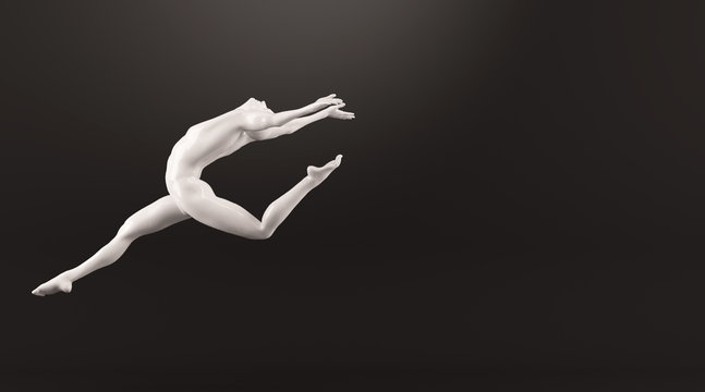 Abstract white plastic human body mannequin over black background. Action running and jumping ballet pose. 3D rendering illustration