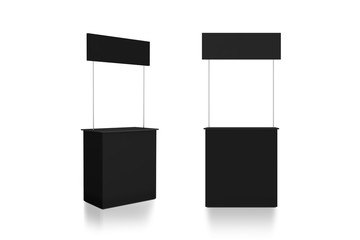 Blank black promo counter mockup stand, front and side view, 3d rendering. Grey promotional pop up exhibition mock up. Dark store portable desk template. Trade kiosk presentation.