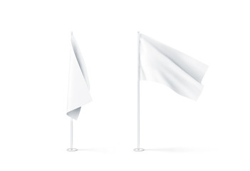 Blank white flags mockup set, plain and waving, 3d rendnering. Clear rippled flagpole design mock up. Pole with banner on wind. Business branding cloth pennon. Clean pillar for logo presentation.