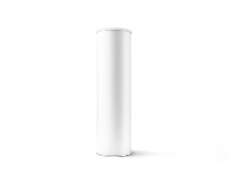 Blank white cardboard cylinder box mockup with plastic lid, 3d rendering. Clear cyllindrical tube container with cap mock up. Snack or bottle carton packaging template. Paper tin round canister.