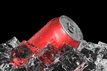 Red drink can on the ice bed 3D illustration