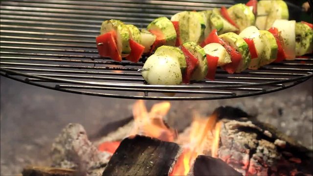 vegetables on hanging grill, bbq, fire
