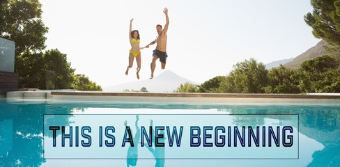 Composite image of cheerful couple jumping into swimming pool