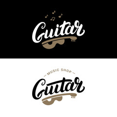 Set of guitar shop hand written lettering logos, emblems, badges.
