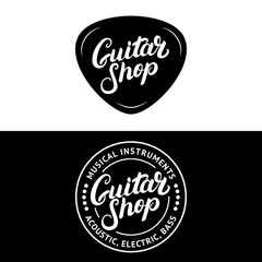 Fototapeta na wymiar Set of guitar shop hand written lettering logos, emblems, badges.
