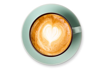Cappuccino schuim, koffiekopje bovenaanzicht op witte achtergrond