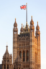 Fototapeta na wymiar Union Flag flying on Victoria Tower in Westminster