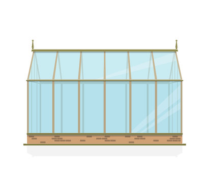 Greenhouse with glass walls, foundations and gable roof, side view. Horticultural Conservatory for growing vegetables and flowers. Classic cultivate greenhouse gardening. Year-round growing object.