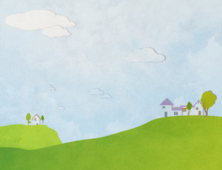 Fototapeta premium stylized landscape with a house on the hill