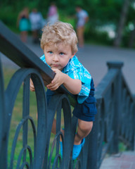 Blonde kid climbs the fence of park stairs. Dressed in a blue plaid shirt and dark shorts. Outdoor...