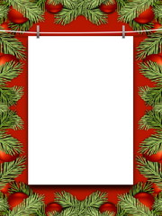 Blank frame hanged by pegs against red background enclosed by red Christmas ornaments and leaves