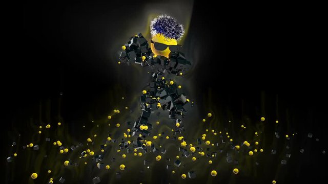 Funny Character Dancing, surrounded by colorful lights, against black