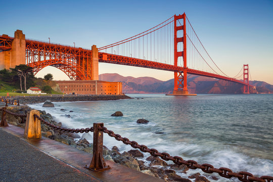 San Francisco. Image of Golden Gate Bridge in San Francisco, California during sunrise.