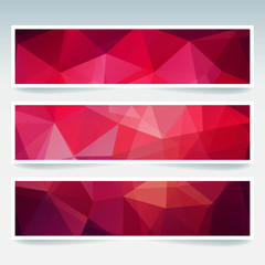 Horizontal banners set with red polygonal triangles. Polygon background, vector illustration