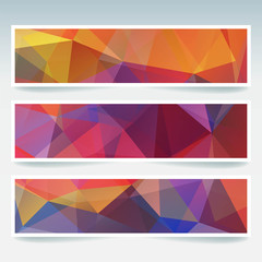 Fototapeta premium Vector banners set with orange, red, brown polygonal abstract triangles. Abstract polygonal low poly banners.
