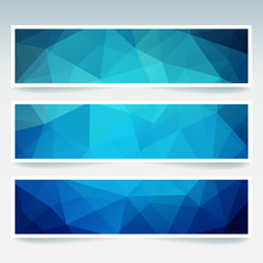 Horizontal banners set with blue polygonal triangles. Polygon background, vector illustration