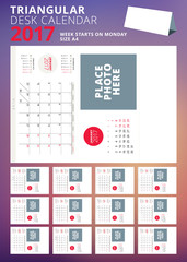Triangular desk calendar for 2017 year. Set of 12 months. Week starts on Monday. Printable stationery template with place for photo. Vector illustration