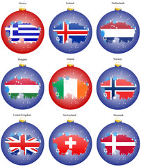 Set of icons. Christmas tree balls with flags of the Europe. Vector. 3D.