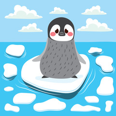 Cute sad baby penguin lost alone on melting iceberg global warming concept © Kakigori Studio