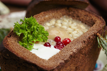 soup served in a bread bowl