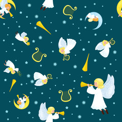 christmas holiday flying angel in the sky with wings and golden trumpet like symbol Christian religion or new year holiday little cute girl on the moon with jingle bells and stars vector illustration.