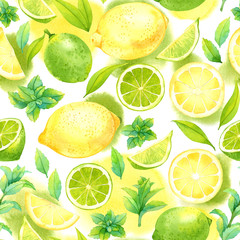 Fototapety  Wzór z akwarela limonki, cytryny i mięty na białym tle