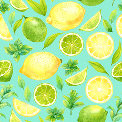 Seamless pattern with watercolor lime, lemon and mint on light turquoise background