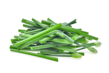 pile of fresh slice green chinese chives isolated on white backg