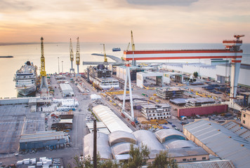 Industrial commercial port at sunset, Ancona, Italy