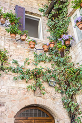 Fototapeta na wymiar Stone mansion decorated with flowerpots and climber plants