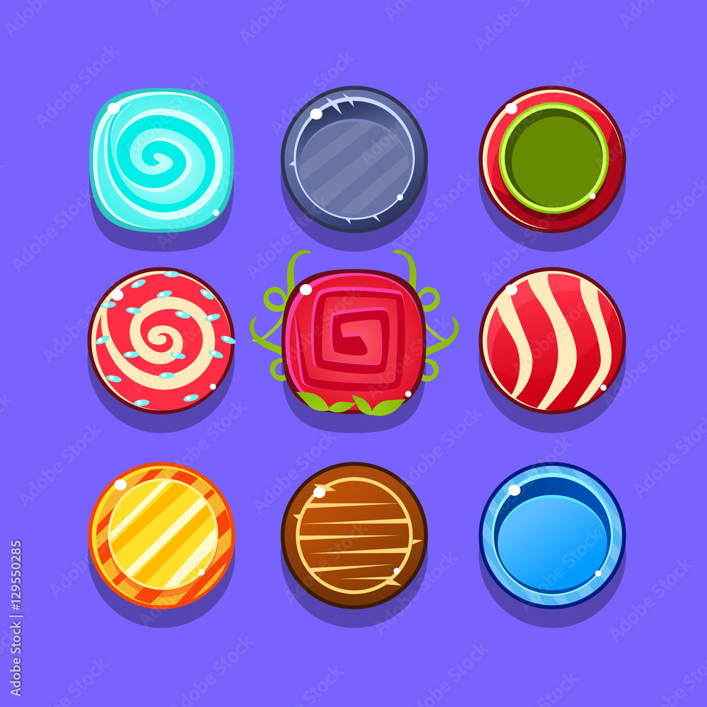 Poster colorful hard candy flash game element templates design set with colorful round sweets for three in 