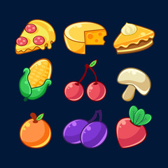 Food Items Outlined Childish Stickers Set For Flash Game Design Including Fruits , Berries And Pizza