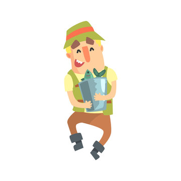 Happy Amateur Fisherman In Khaki Clothes Carrying Bucket Full Of Fish Cartoon Vector Character And His Hobby Illustration