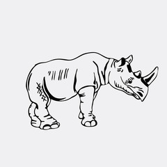 Hand-drawn pencil graphics, rhinoceros. Engraving, stencil style. Black and white logo, sign, emblem, symbol. Stamp, seal. Simple illustration. Sketch