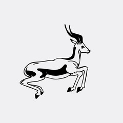 Hand-drawn pencil graphics, antelope, roe. Engraving, stencil style. Black and white logo, sign, emblem, symbol. Stamp, seal. Simple illustration. Sketch.