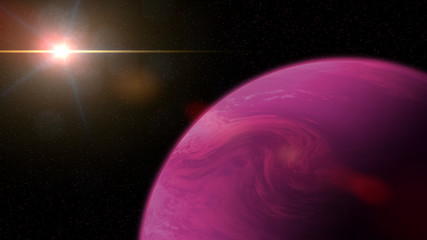 gassy exoplanet in shades of pink and purple lit by a nearby star