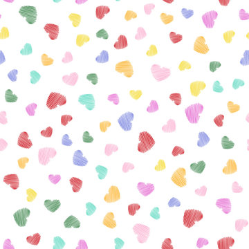 Hand drawn heart shapes in seamless colorful pattern