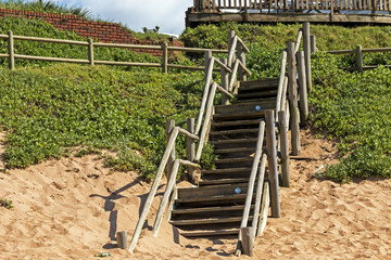 Wooden Stepped Entrance Through Green Dune Vegetation onto Beach