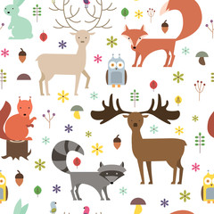 Forest animals seamless background. Flat style animals texture. Vector illustration.