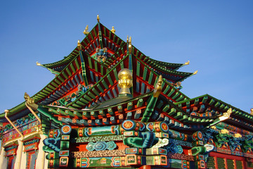 Fototapeta premium Colorful wooden Buddhist temple in Siberia