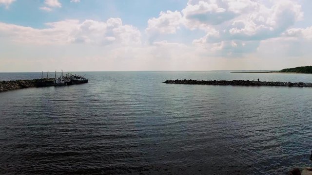 Aerial flight over seagate on Ladoga lake