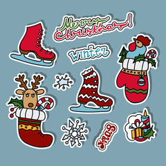Set of christmas stickers vector. Objects isolated. Doodle. Deer head. The head of the cock, christmas sock, mitten. Lettering.