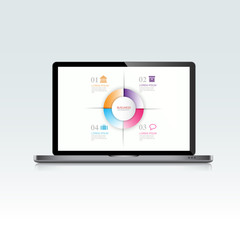 Computer laptop with infographic on screen,3d and flat vector de